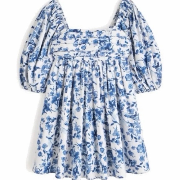 Abercrombie & Fitch Dresses & Skirts - ABERCROMBIE POPLIN PUFF SLEEVE BLUE FLORAL MINI DRESS